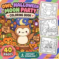 Owl Halloween Coloring Book for Kids, 40 Cute Printable Pages, Moon Party Pumpkin Activity, Instant 