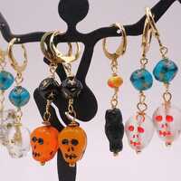 Mismatched Czech Glass Skull & Owl or Cat Earrings, Gothic Celestial Set (3 Piece)