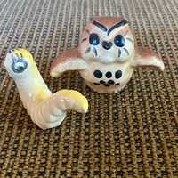 1970s Vintage Mexican Tonala Pottery Owl and Caterpillar Ceramic Figurine Set, Worm