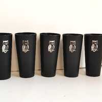 5 Nasco Owl Black Plastic Drinking Cups Set Vintage Retro MCM Tumblers Glass