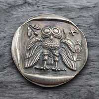 Ancient Greek Facing Owl Silver Coin, Athenian Tetradrachm Medallion, Replica Style, Antique Collect