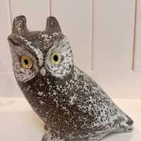 Vintage 9" Pigeon Forge Pottery Owl Signed D Ferguson Black White Lava Glaze MCM