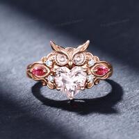 Gothic Natural Morganite Owl Engagement Ring: Heart-Shaped Pink Morganite Tourmaline Witchy Animal R
