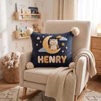Custom Navy Blue Sleepy Owl Pom Pom Pillow, Personalized Punch Needle Moon and Stars Name Cushion, B