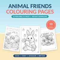 10 Animal Friends Colouring Pages, Dinosaur, Owl, Bunny, Octopus (Digital Download)