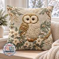 Owl Throw Pillow, Neutral Woodland Decor, Faux Embroidery Print, Cream Sage Gold Winter Cushion, Coz