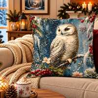 Snowy Owl Christmas Pillow Cover, Winter Woodland Bird Cushion Case, Blue Snowflake Holly Berry Deco