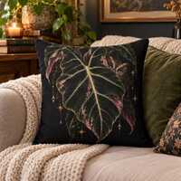 Celestial Pink Philodendron Owl Pillow, Dark Cottagecore Botanical Decor