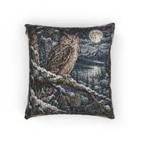 Moonlit Owl Woven Tapestry Pillow , Winter Cabin Decor