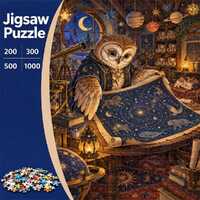 Owl Astronomy Jigsaw Puzzle, Owl Studying a Star Chart in a Celestial Room, Magical Night Sky Illust