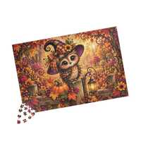 Autumn Witch Owl Jigsaw Puzzle, Cozy Halloween Forest with Pumpkin and Lantern, Gift for Owl Lovers