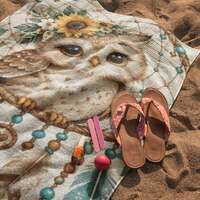Owl Dreamcatcher Beach Towel | Boho Sunflower Feather Design