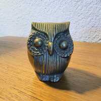 Vintage Brass Owl Paperweight: 1970s Mid-Century Modern Sculpture (3"x1.5")
