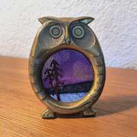 Brass Owl Picture Frame with Handmade Textile Art, Silk Embroidery Night Scene, Retro Tabletop Frame