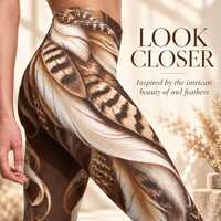 Owl Feather Leggings, Yoga Pants, Patterned Tights, Brown Boho Leggings for Women, Nature Inspired C