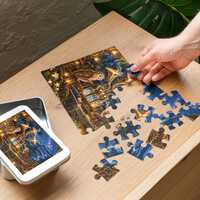 Midnight Listening Station Jigsaw Puzzle, Moonlit Owls, Enchanted Forest Night Shift with tin.