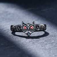 Princess Cut Alexandrite Owl Ring Garnet Eyes, Vintage Black Gold Filigree Hollow Wedding Band, Witc