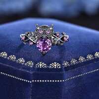 Witchy Owl Ring Black Gold, Dark Gothic Amethyst Engagement Ring, Nature Inspired Leaf Branch Weddin