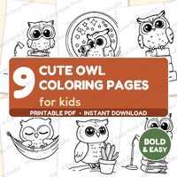 Owl Coloring Pages for Kids, 9 Cute Easy Printable Sheets, Preschool Woodland Animal Activity PDF