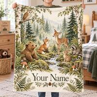 Personalized Forest Wildlife Flannel Blanket,Custom Name Owl Deer Fox and Bear Throw,Woodland Birthd
