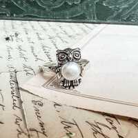 Sterling Silver Owl Ring with Freshwater Pearl &middot; Whimsical Woodland Jewelry &middot; Owl Love
