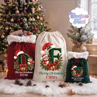 Personalized Initial Santa Sack, Custom Monogram Owl Christmas Bag, Woodland Kids Holiday Present Po