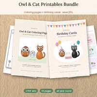 Owl and Cat Printables Bundle, Kids Coloring Pages and Birthday Cards, Printable PDF