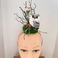 Furry Black Eyed Owl with Branches & Nuts