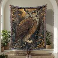 Great Horned Owl 100% Cotton Woven Blanket, Vintage Woodland Bird Throw, Rustic Forest Home Decor, C