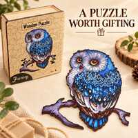 Blue Owl Wooden Jigsaw Puzzle for Adults, Large, Wooden Gift Box, Owl Lover Gift