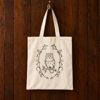 Owl Tote Bag, Cottagecore Woodland Design, Natural Cotton Canvas, 15 x 16 Inches