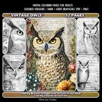 Vintage Owls Grayscale Coloring Book for Adults, 52 Pages, (Digital Download)