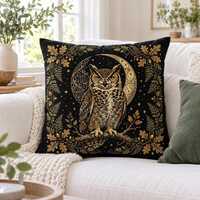 Gothic Owl Throw Pillow Cover, Crescent Moon Celestial Cushion, Witchy Botanical Pillowcase, Dark Co