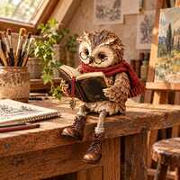 Reading Owl Figurine with Glasses and Book, Whimsical Bookshelf Decor, Cozy Cottage Home Accent, Tea
