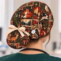 Woodland Christmas Scrub Cap, Vintage Fox Owl Deer and Raven Surgical Hat, Gothic Forest Patchwork N