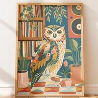 Retro Owl Art Print, Mid Century Owl Wall Art, Vinyl Records Music Room Decor, Colorful Geometric