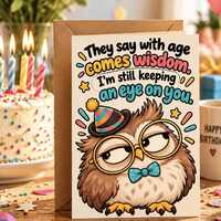 Funny Owl Birthday Card Printable, Age Comes Wisdom Card, Sarcastic Birthday Greeting, Keeping An Ey