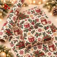 Owl Book Wrapping Paper Roll, Hot Cocoa Mug Scarf Pine Branch Snowflake Pattern
