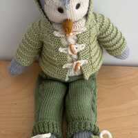 Hand knitted Winston the Owl: green coat, trousers and matching trainers