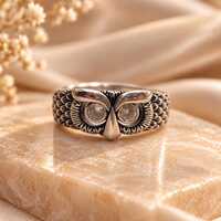 Owl Ring Sterling Silver, Adjustable Owl Face Ring with Textured Wings, Woodland Bird Jewelry, Gift