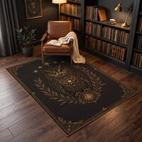 Owl Area Rug, Golden Owl with Stars and Leaves, Dark Woodland Rug