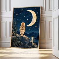 Owl beneath the Golden Crescent Print | Owl Art Print | Painterly Wall Art | Colourful Wall Art