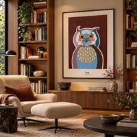 Owl Art Print &ndash; Owl with Orange Eyes on Dark Brown, Bird Wall Art, Gicl&eacute;e Fine Art Prin