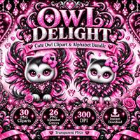 Owl Delight Clipart Bundle, 30 PNG Designs and 26 Alphabet Letters, Pink & Black Glitter Owls, D