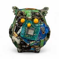 Circuit Board Owl Sculpture, Glow in the Dark Eyes, E-Waste Resin Art, Motherboard Owl Figurine, Gee