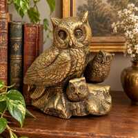 Vintage Brass Owl Family Sculpture, Three Owls on Log, Woodland Decor