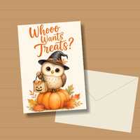 Printable Halloween Card for Kids, Instant Download Owl Trick or Treat Card, Whooo Wants Treats Wate