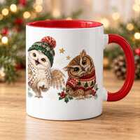 Cute Christmas Owls Mug, Festive Woodland Holiday Coffee Cup, Cozy Winter Animal Drinkware, Cute Sec