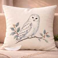 Snowy Owl Pillow Cover, Watercolor Winter Bird Cushion Cover, Ivory Woodland Throw Pillow for Cozy C