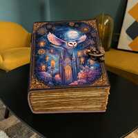 Mystical Owl Leather Journal with Lock, Celestial Owl Notebook, Gothic Fantasy Diary, Vintage Grimoi